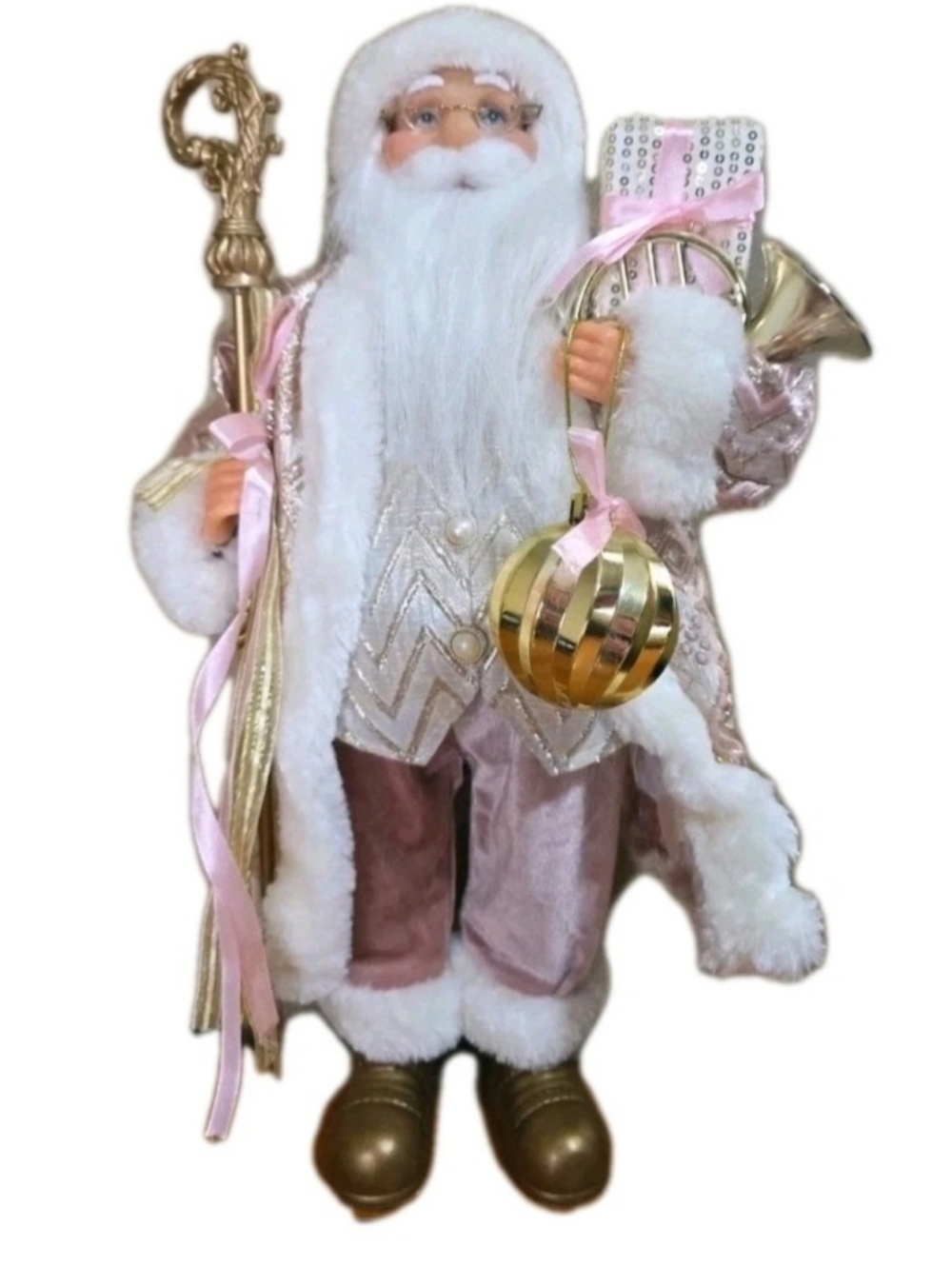 Windy Hill Pink Rose Velvet Suit & Gold Accents Christmas Santa Claus 17"